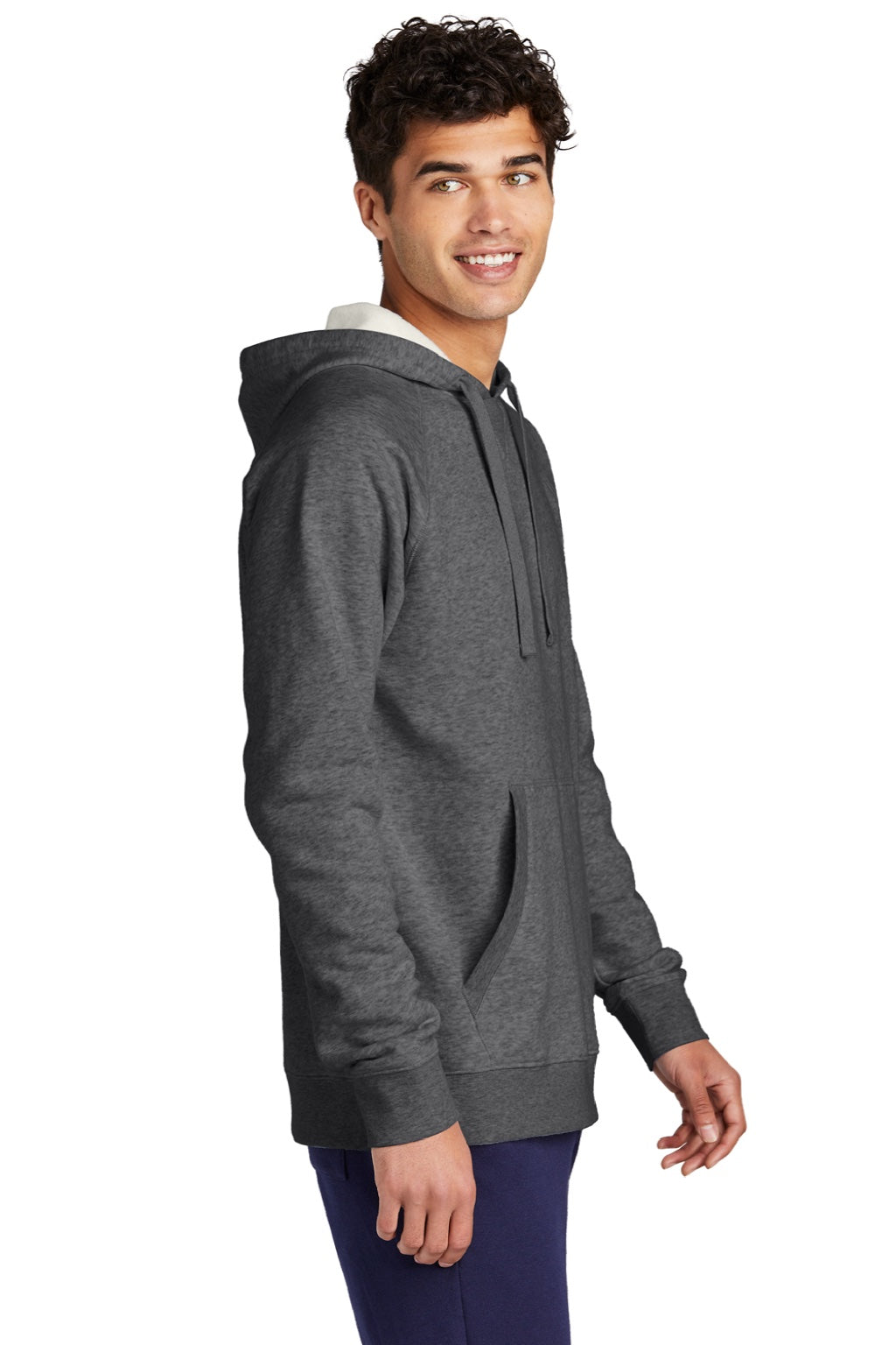 Sport-Tek STF200 Mens Drive Fleece Hooded Sweatshirt Hoodie w/ Pouch Pocket Heather Graphite Grey Model Side