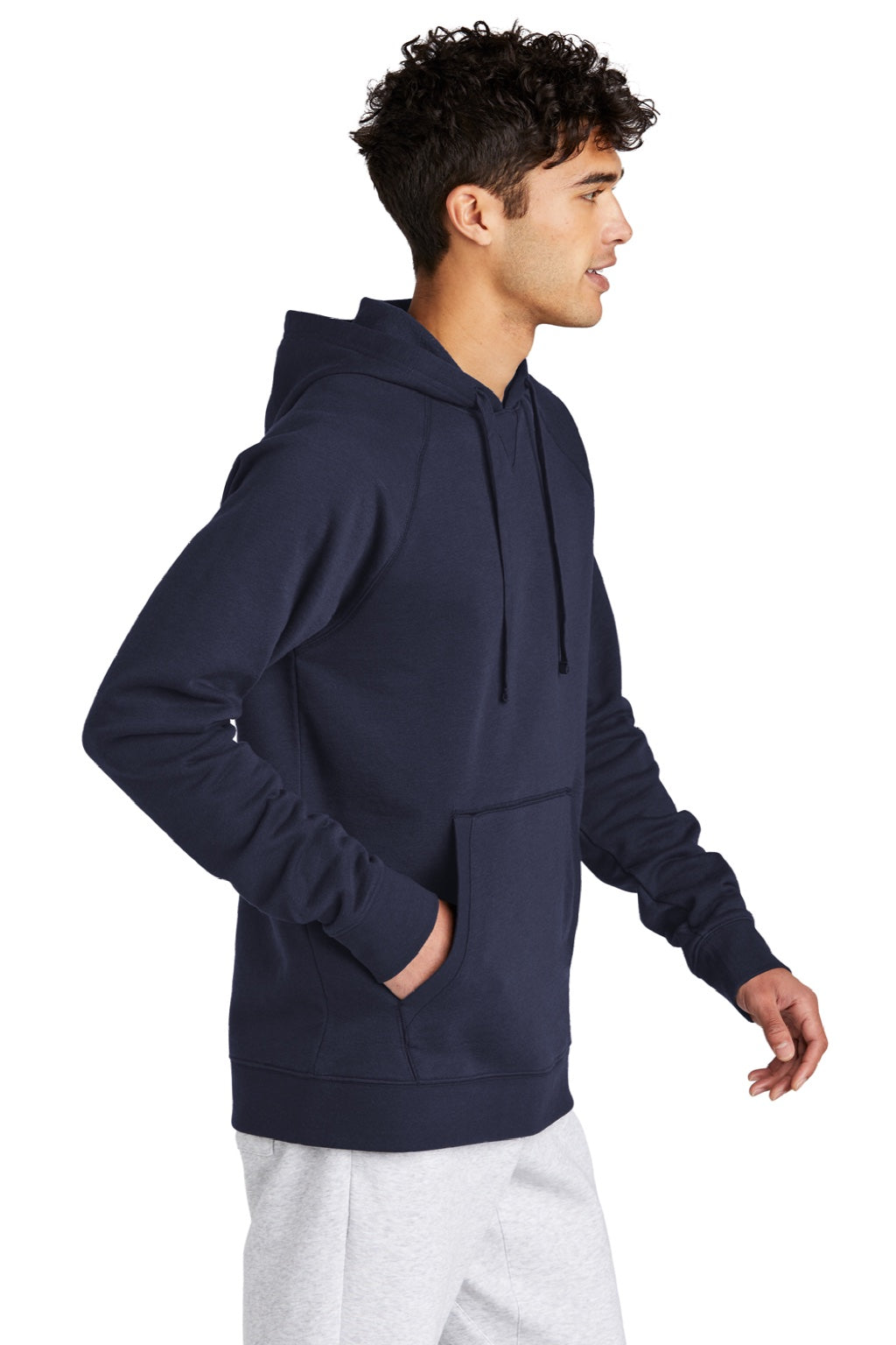 Sport-Tek STF200 Mens Drive Fleece Hooded Sweatshirt Hoodie w/ Pouch Pocket True Navy Blue Model Side