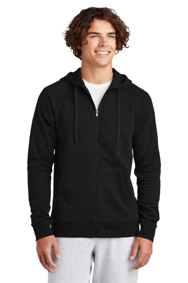 Sport-Tek STF201 Mens Drive Fleece Full Zip Hooded Sweatshirt Hoodie w/ Pockets Black Model Front