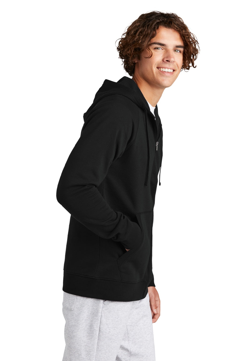 Sport-Tek STF201 Mens Drive Fleece Full Zip Hooded Sweatshirt Hoodie w/ Pockets Black Model Side