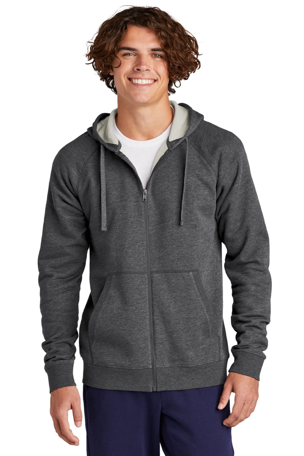 Sport-Tek STF201 Mens Drive Fleece Full Zip Hooded Sweatshirt Hoodie w/ Pockets Heather Graphite Grey Model Front