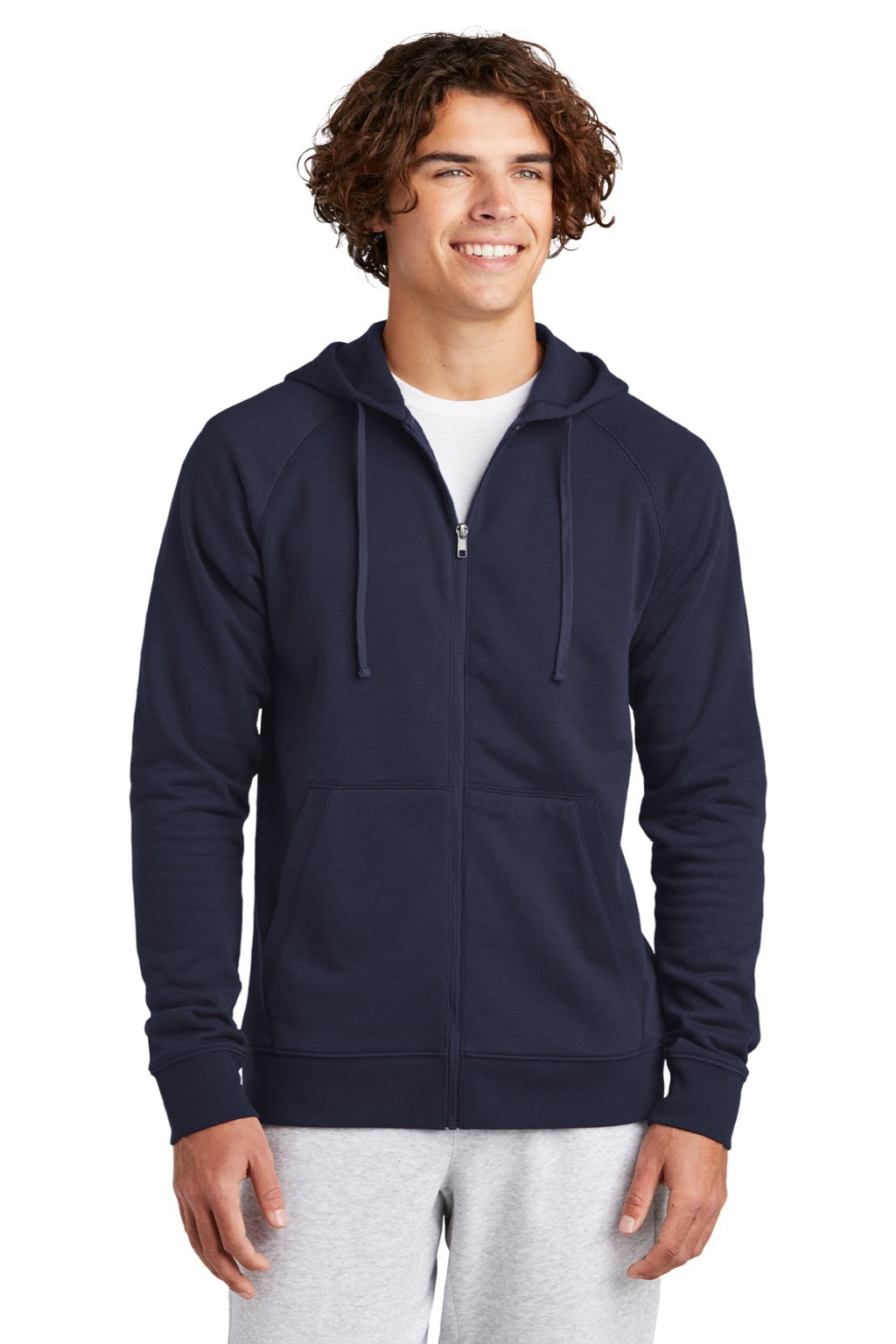 Sport-Tek STF201 Mens Drive Fleece Full Zip Hooded Sweatshirt Hoodie w/ Pockets True Navy Blue Model Front