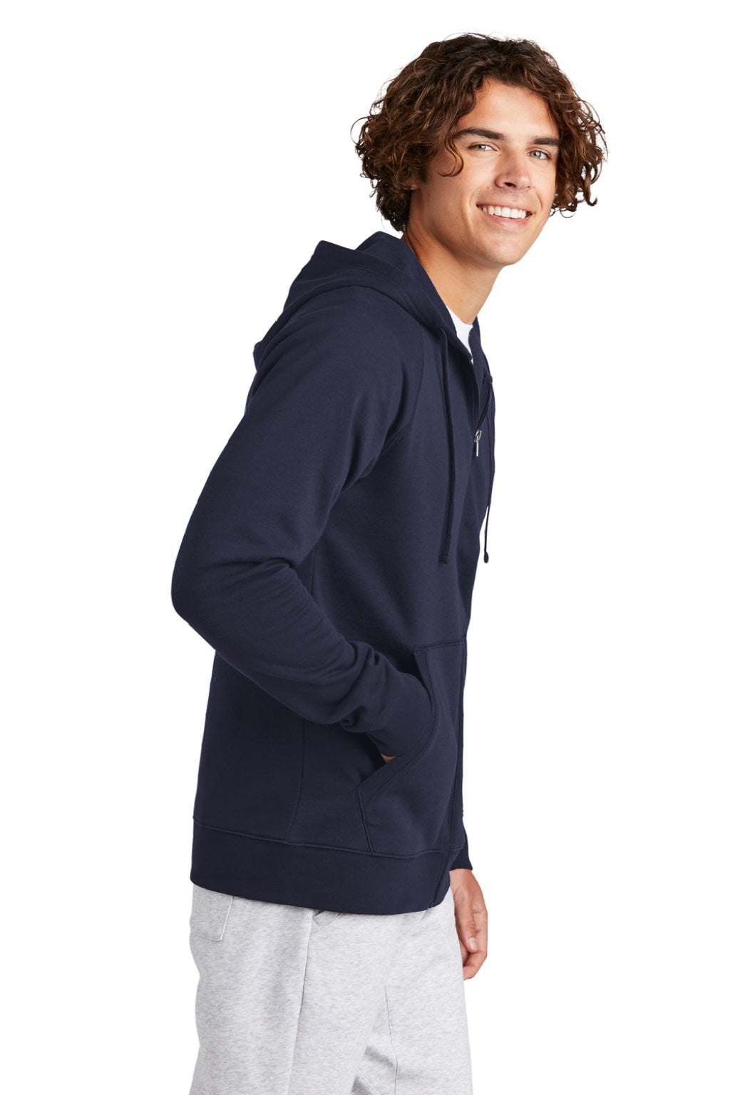 Sport-Tek STF201 Mens Drive Fleece Full Zip Hooded Sweatshirt Hoodie w/ Pockets True Navy Blue Model Side