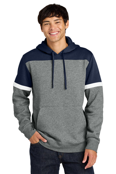 Sport-Tek STF205 Mens Drive Fleece Colorblock Hooded Sweatshirt Hoodie w/ Pouch Pocket True Navy Blue/Heather Vintage Grey Model Front