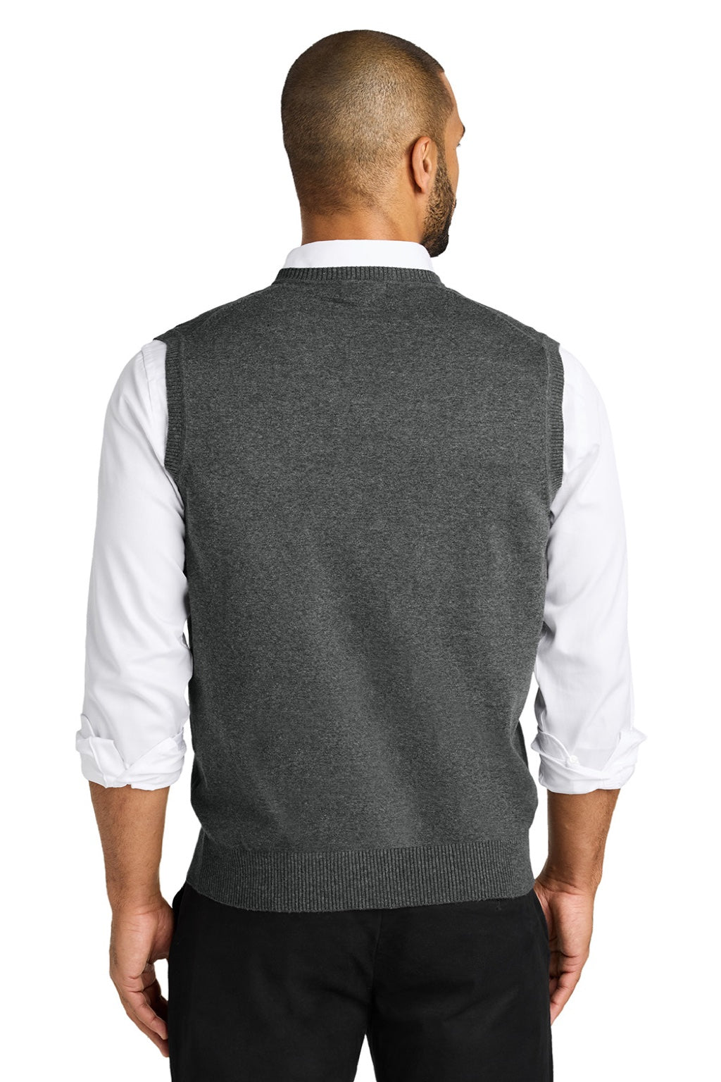 Port Authority SW2860 Mens Easy Care V-Neck Sweater Vest Heather Charcoal Grey Model Back