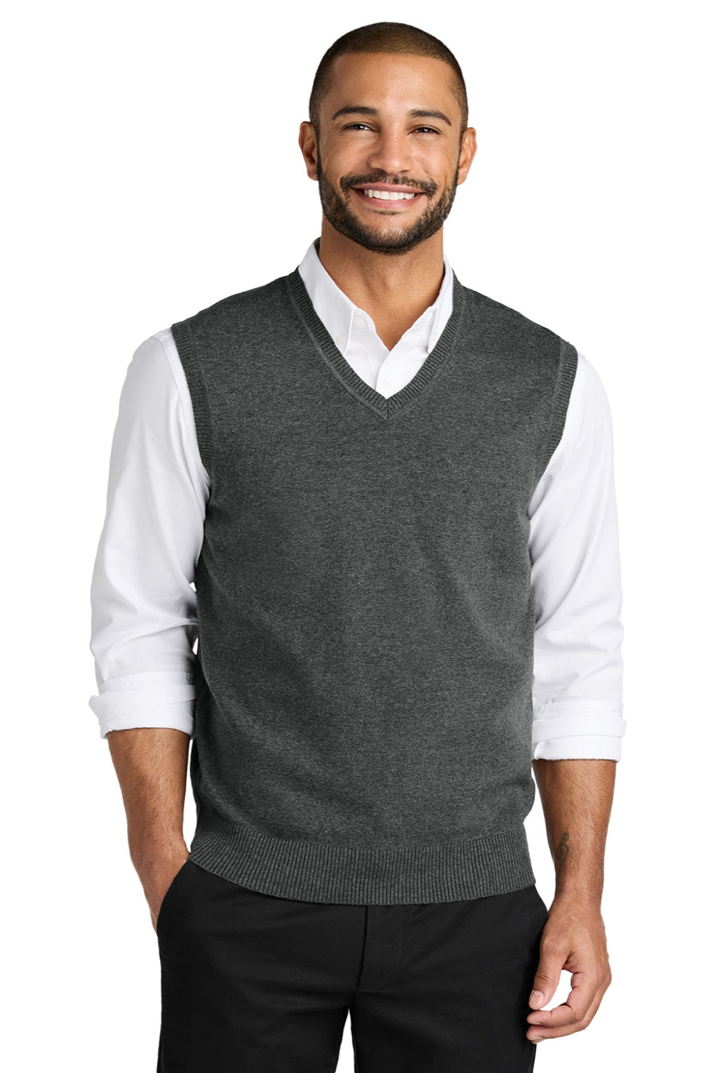 Port Authority SW2860 Mens Easy Care V-Neck Sweater Vest Heather Charcoal Grey Model Front