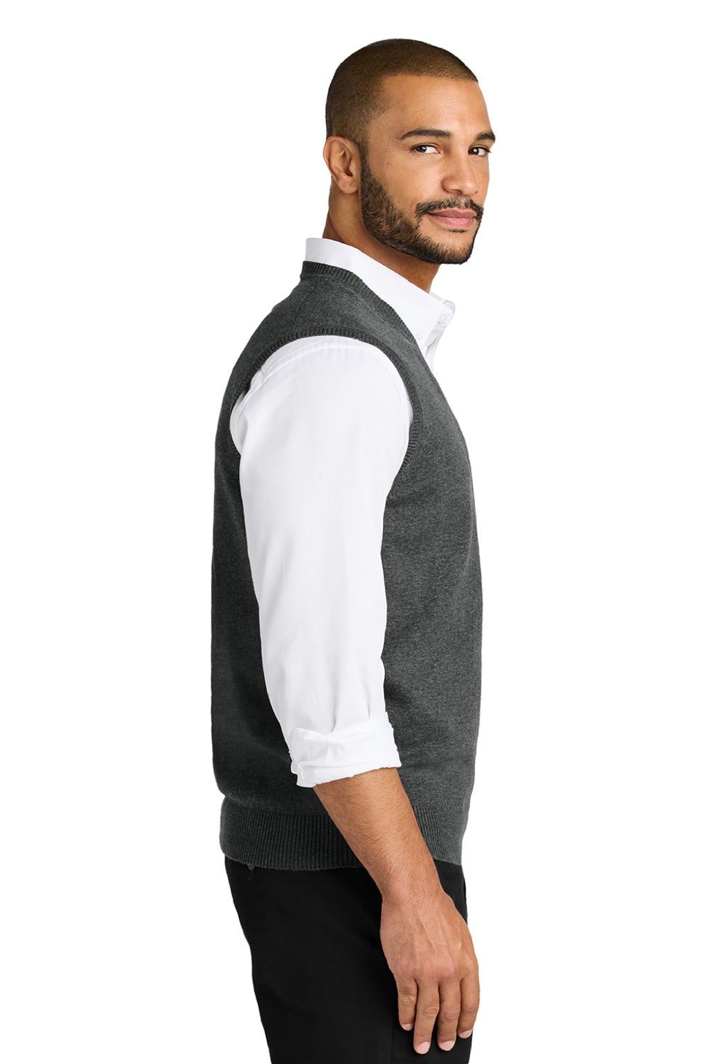 Port Authority SW2860 Mens Easy Care V-Neck Sweater Vest Heather Charcoal Grey Model Side