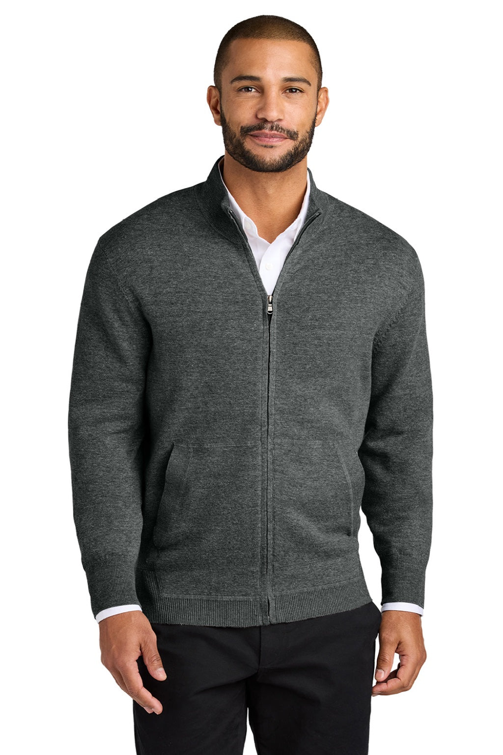 Port Authority SW2901 Mens Easy Care Long Sleeve Full Zip Sweater w/ Pockets Heather Charcoal Grey Model Front