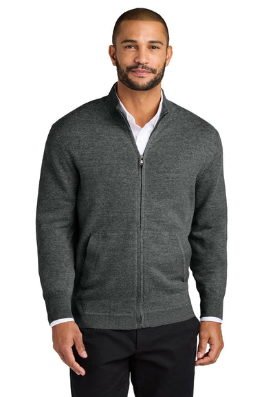 Port Authority SW2901 Mens Easy Care Long Sleeve Full Zip Sweater w/ Pockets Heather Charcoal Grey Model Front