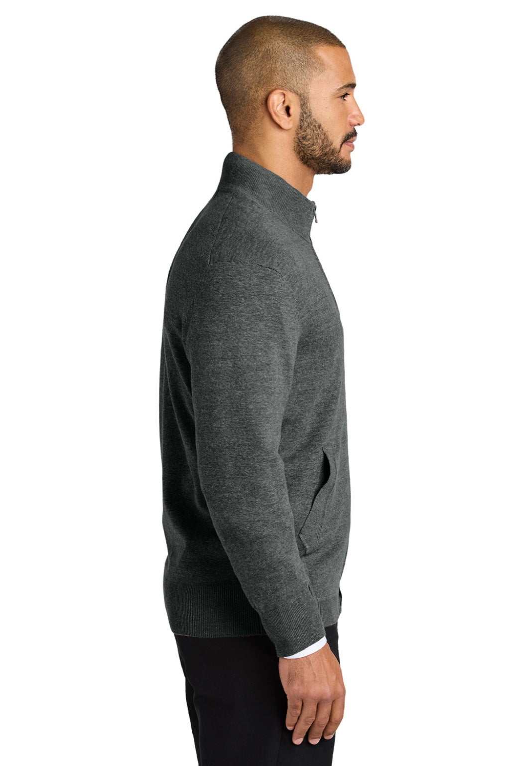 Port Authority SW2901 Mens Easy Care Long Sleeve Full Zip Sweater w/ Pockets Heather Charcoal Grey Model Side