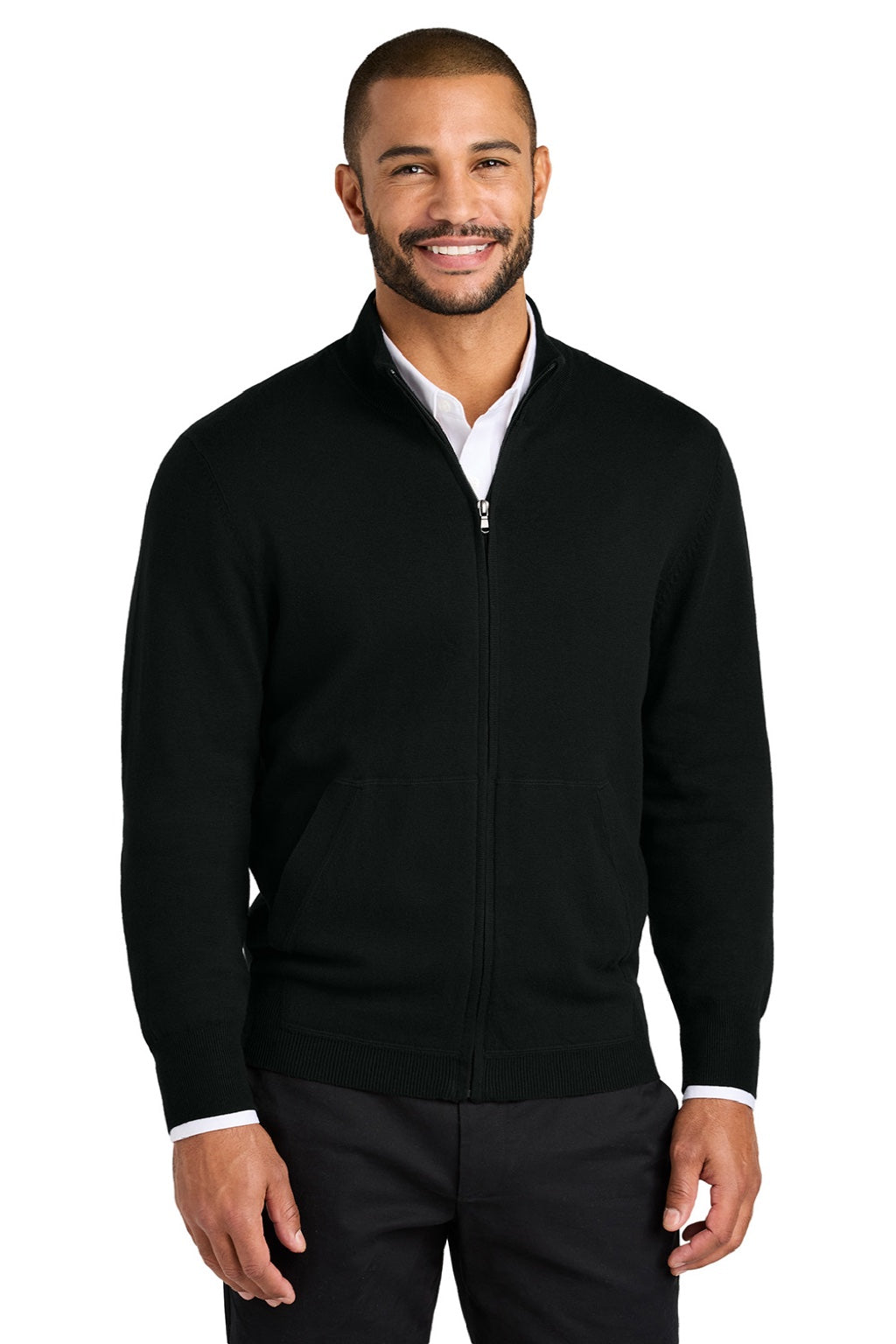 Port Authority SW2901 Mens Easy Care Long Sleeve Full Zip Sweater w/ Pockets Deep Black Model Front
