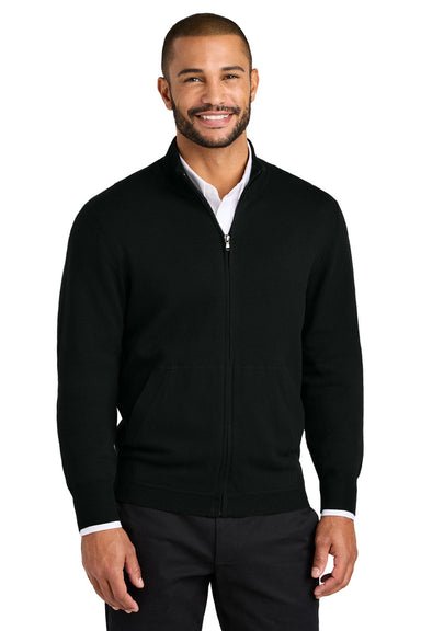Port Authority SW2901 Mens Easy Care Long Sleeve Full Zip Sweater w/ Pockets Deep Black Model Front