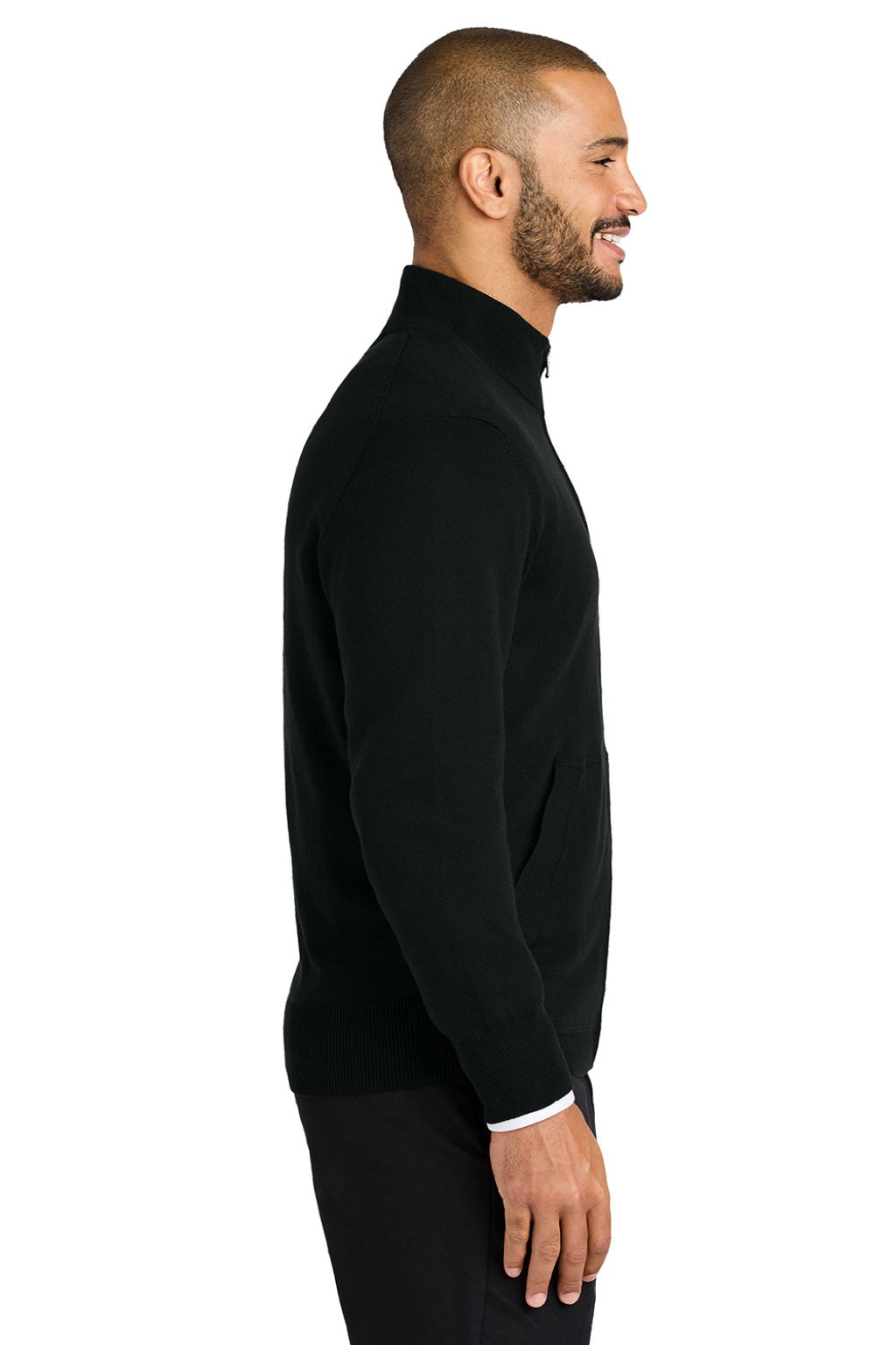 Port Authority SW2901 Mens Easy Care Long Sleeve Full Zip Sweater w/ Pockets Deep Black Model Side