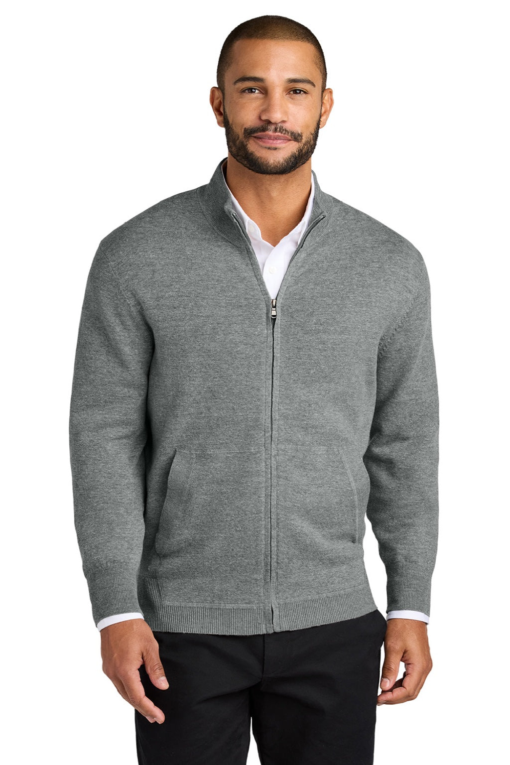 Port Authority SW2901 Mens Easy Care Long Sleeve Full Zip Sweater w/ Pockets Heather Medium Grey Model Front