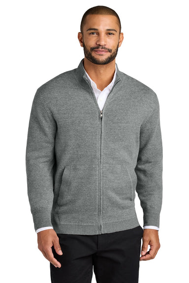 Port Authority SW2901 Mens Easy Care Long Sleeve Full Zip Sweater w/ Pockets Heather Medium Grey Model Front
