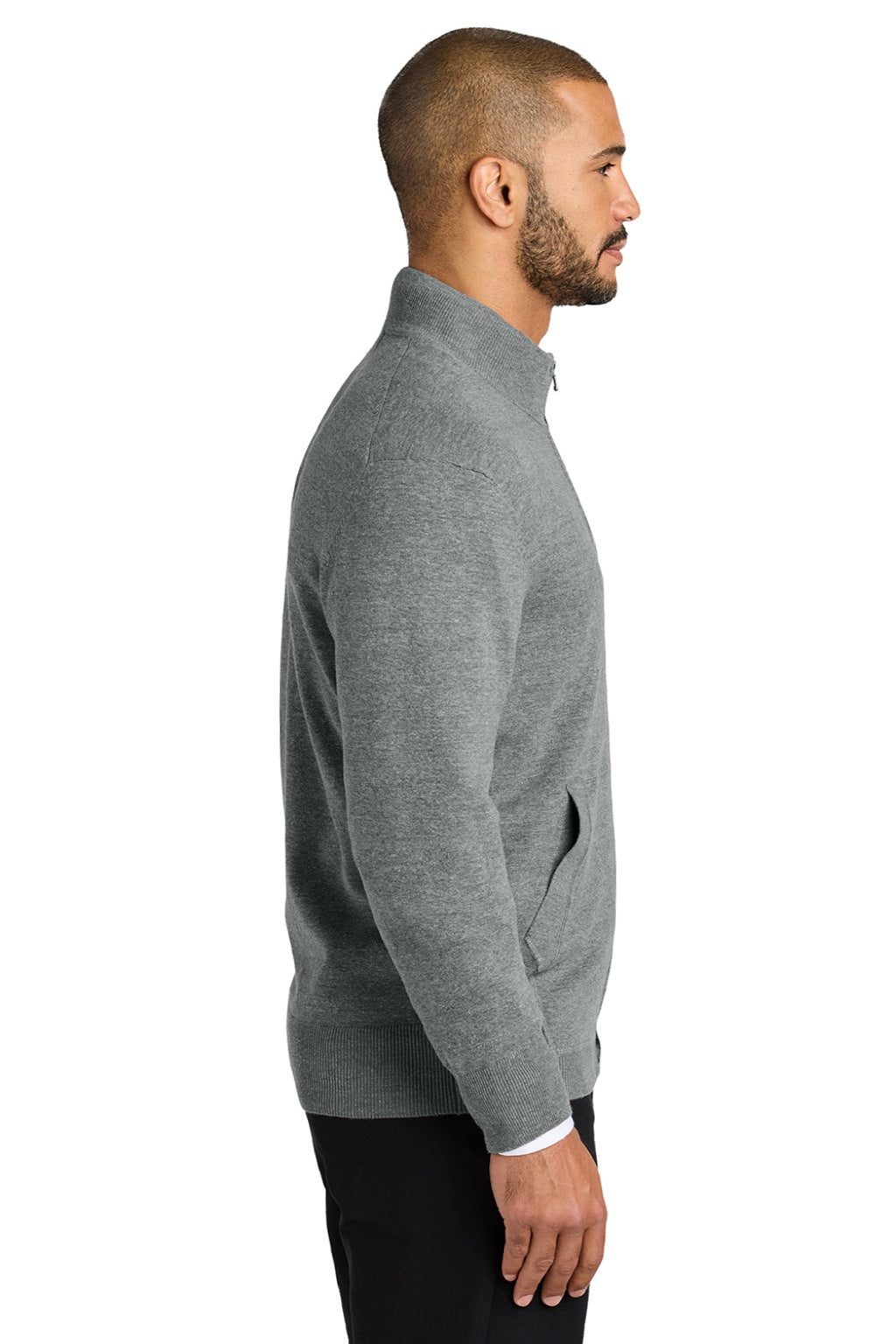 Port Authority SW2901 Mens Easy Care Long Sleeve Full Zip Sweater w/ Pockets Heather Medium Grey Model Side