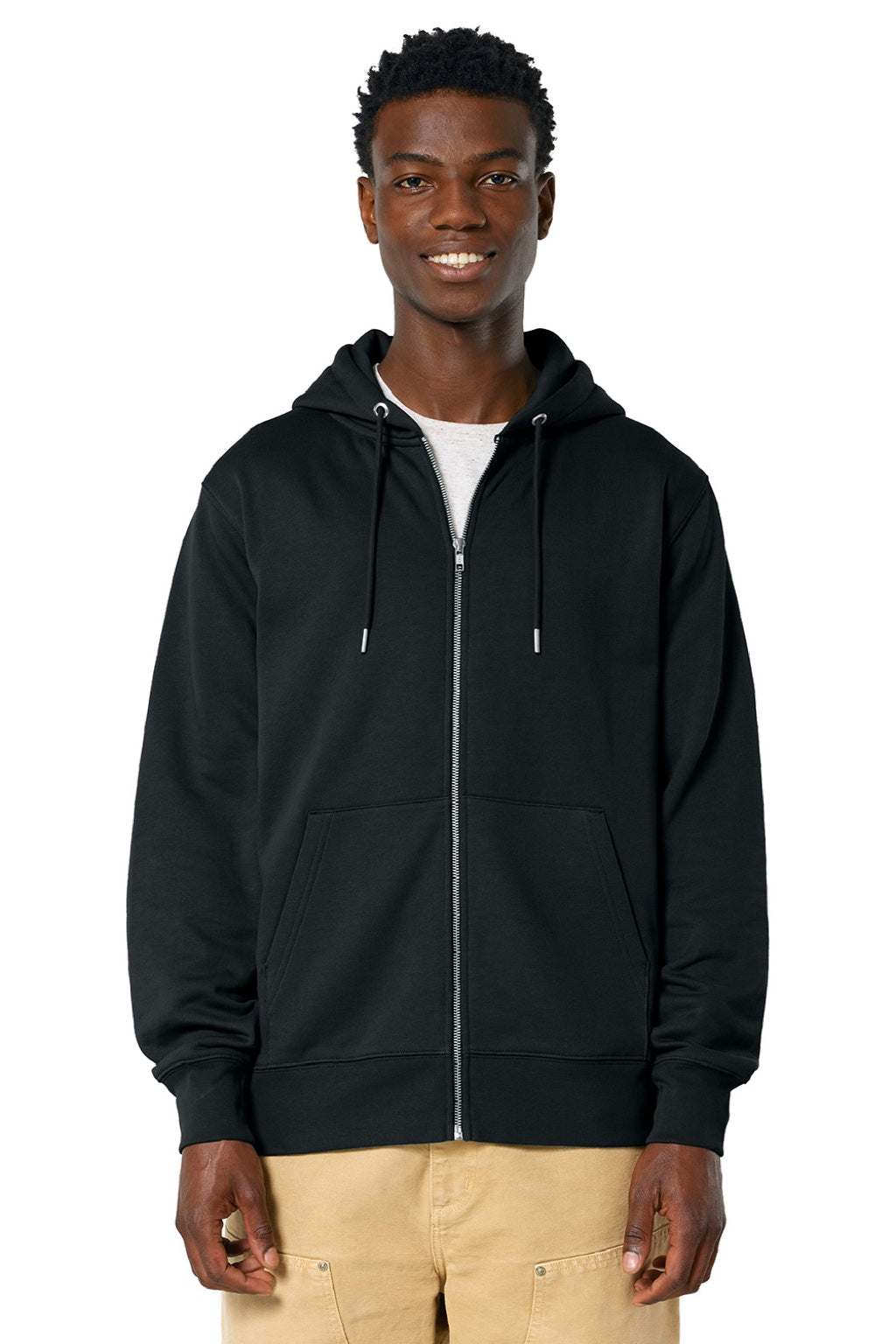 Stanley Stella SXU005 Mens Cultivator 2.0 Full Zip Hooded Sweatshirt Hoodie w/ Pockets Black Model Front