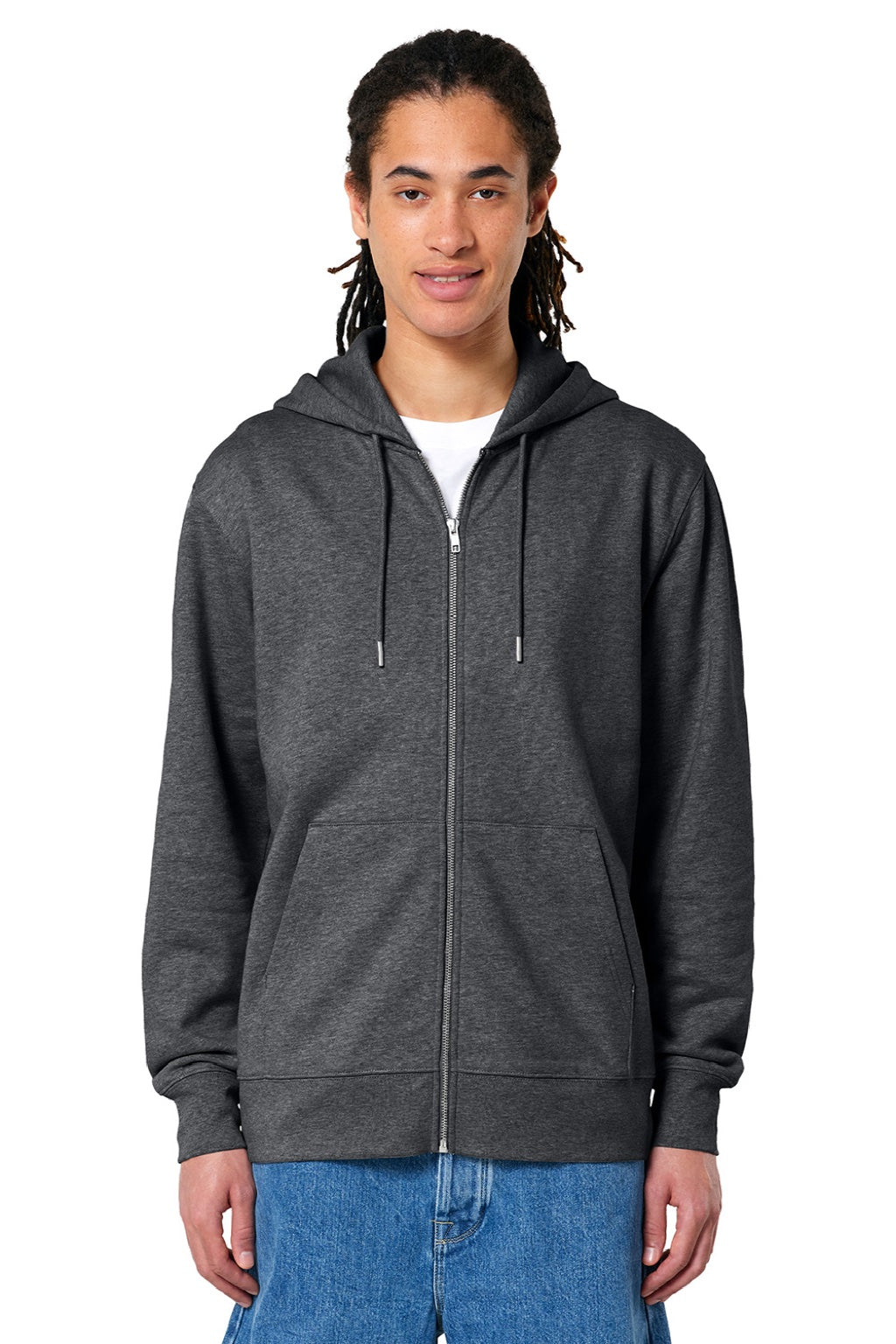 Stanley Stella SXU005 Mens Cultivator 2.0 Full Zip Hooded Sweatshirt Hoodie w/ Pockets Heather Dark Grey Model Front