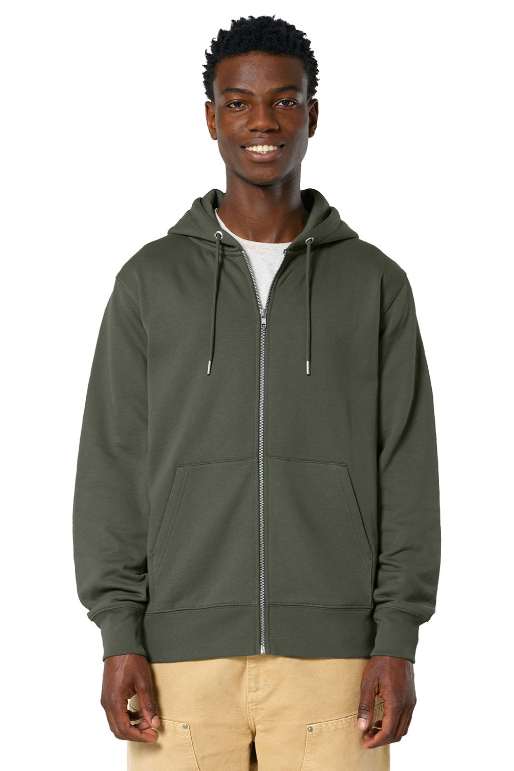 Stanley Stella SXU005 Mens Cultivator 2.0 Full Zip Hooded Sweatshirt Hoodie w/ Pockets Khaki Green Model Front