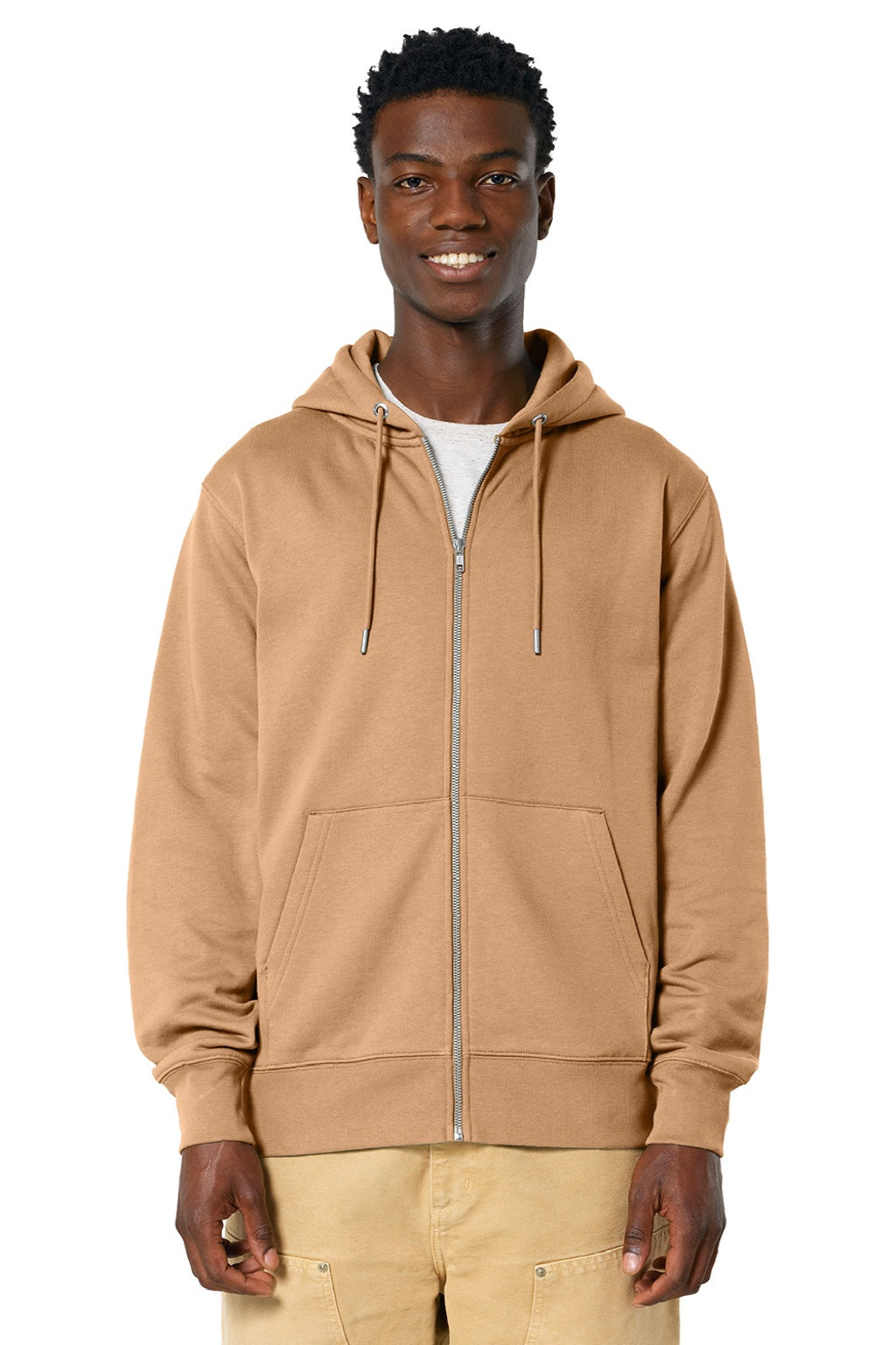 Stanley Stella SXU005 Mens Cultivator 2.0 Full Zip Hooded Sweatshirt Hoodie w/ Pockets Latte Brown Model Front