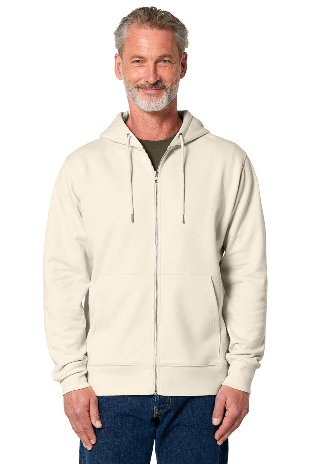 Stanley Stella SXU005 Mens Cultivator 2.0 Full Zip Hooded Sweatshirt Hoodie w/ Pockets Natural Raw Model Front
