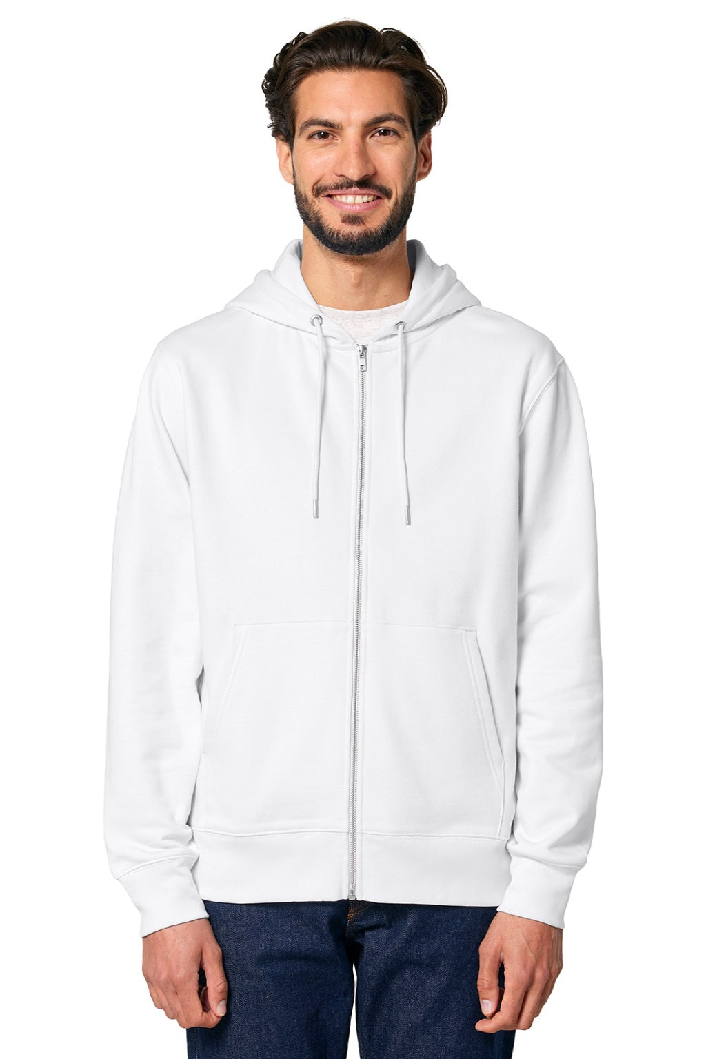 Stanley Stella SXU005 Mens Cultivator 2.0 Full Zip Hooded Sweatshirt Hoodie w/ Pockets White Model Front
