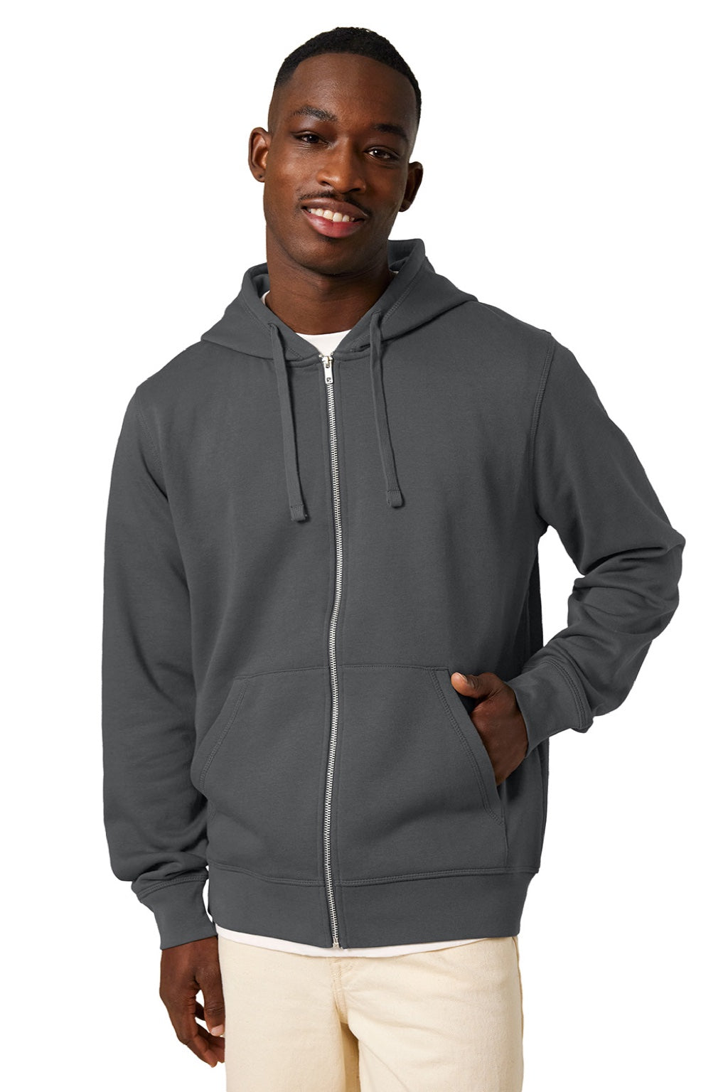 Stanley Stella SXU011 Mens Mixer Full Zip Hooded Sweatshirt Hoodie w/ Pockets Anthracite Grey Model Front