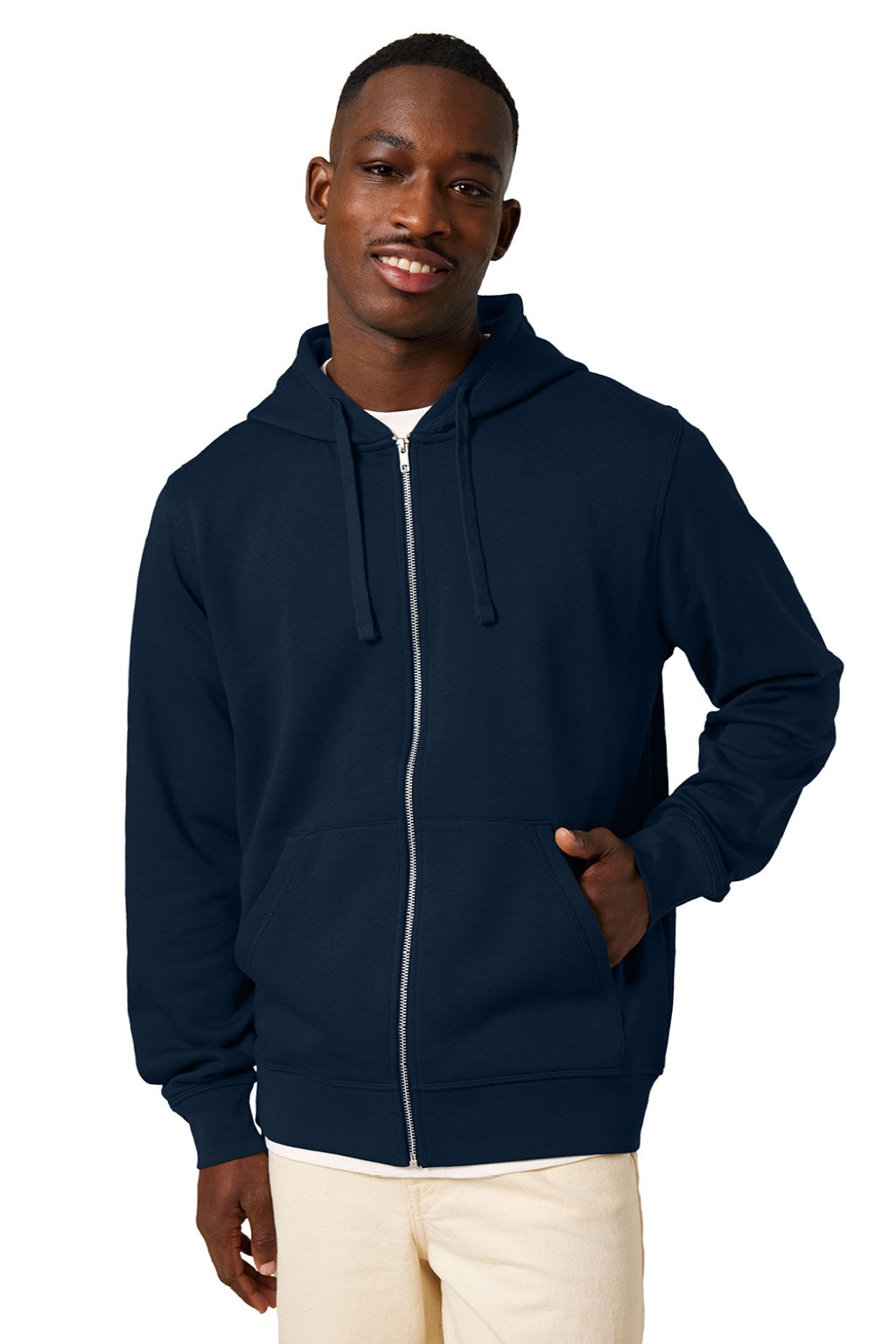 Stanley Stella SXU011 Mens Mixer Full Zip Hooded Sweatshirt Hoodie w/ Pockets French Navy Blue Model Front