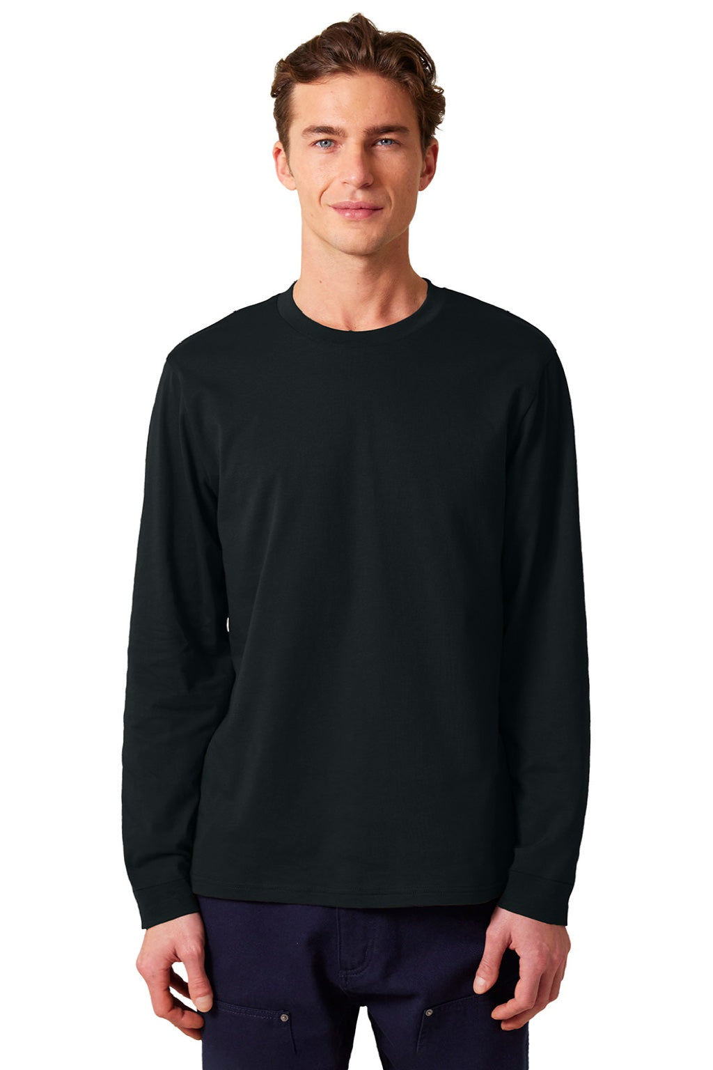 Stanley Stella SXU022 Mens Creator 2.0 Long Sleeve Crewneck T-Shirt Black Model Front