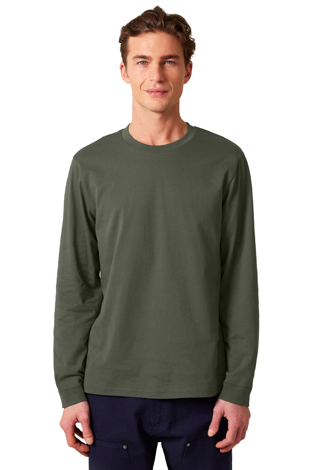 Stanley Stella SXU022 Mens Creator 2.0 Long Sleeve Crewneck T-Shirt Khaki Green Model Front