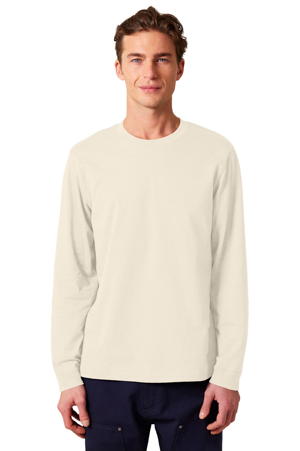 Stanley Stella SXU022 Mens Creator 2.0 Long Sleeve Crewneck T-Shirt Natural Raw Model Front