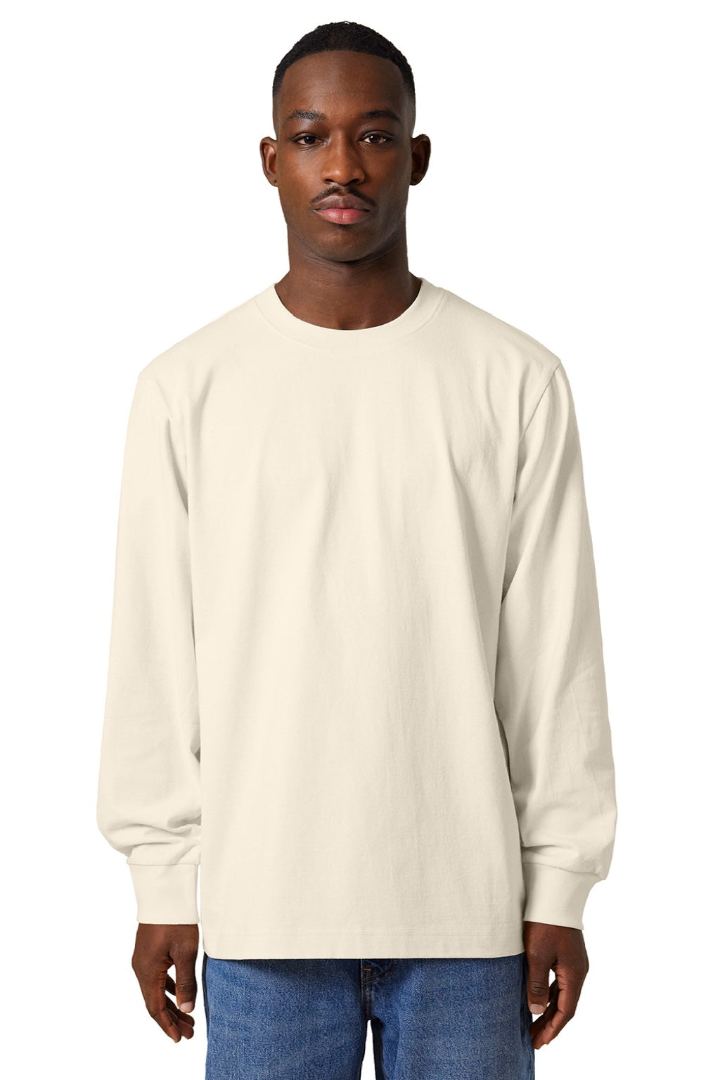Stanley Stella SXU023 Mens Freestyler Long Sleeve Crewneck T-Shirt Natural Raw Model Front
