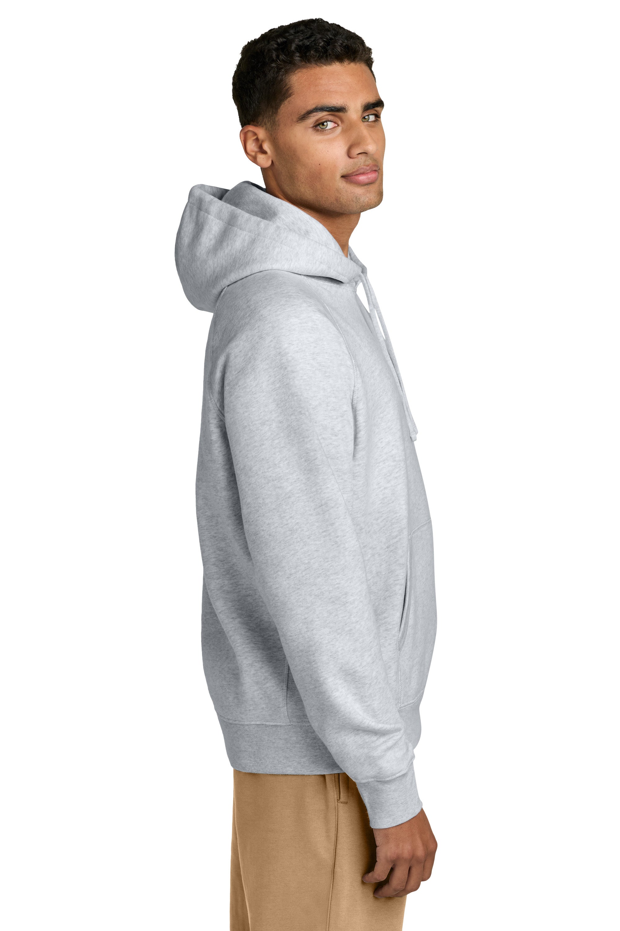 Stanley Stella SXU027 Mens Striker Hooded Sweatshirt Hoodie w/ Pouch Pocket Heather Cool Grey Model Side