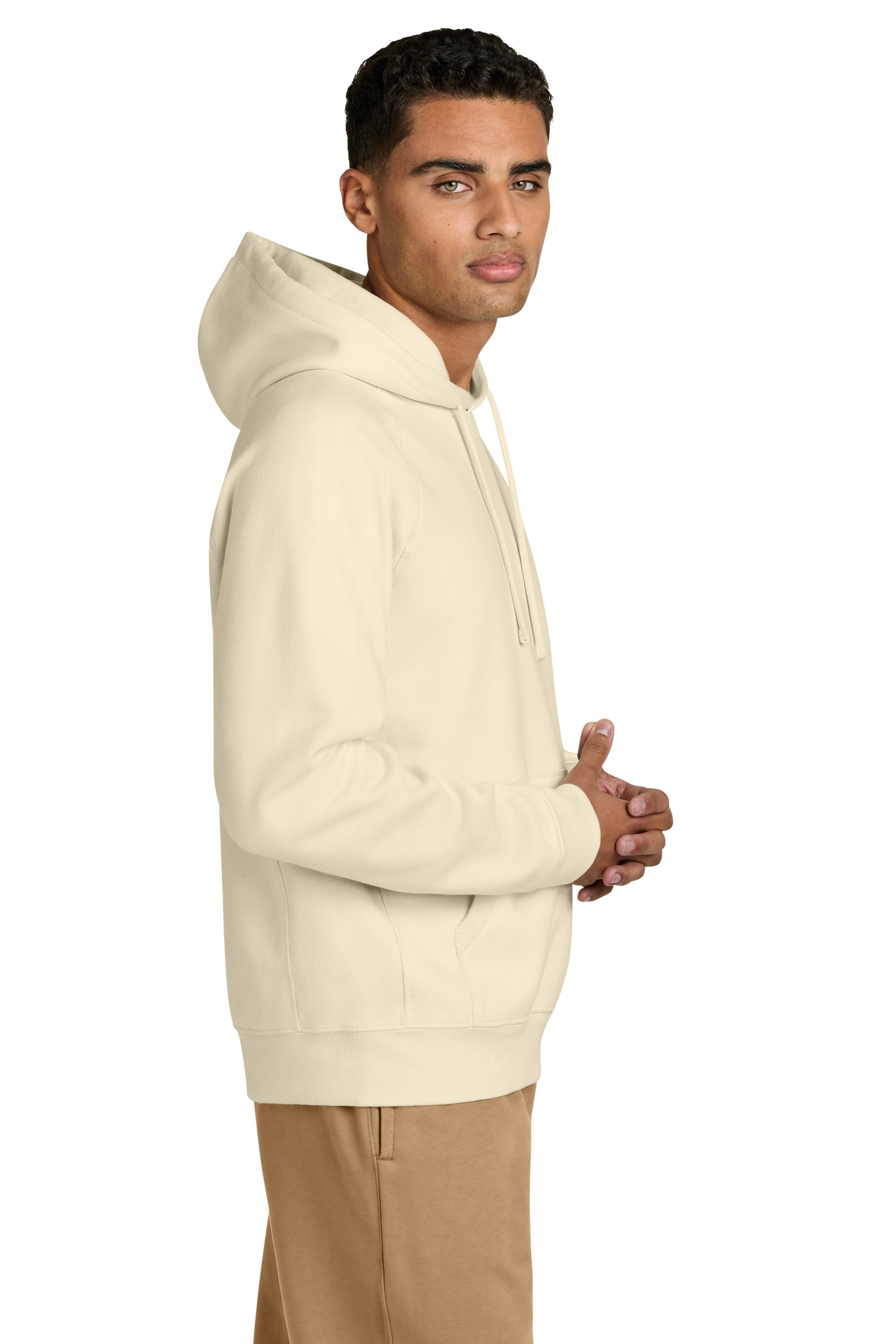 Stanley Stella SXU027 Mens Striker Hooded Sweatshirt Hoodie w/ Pouch Pocket Natural Raw Model Side