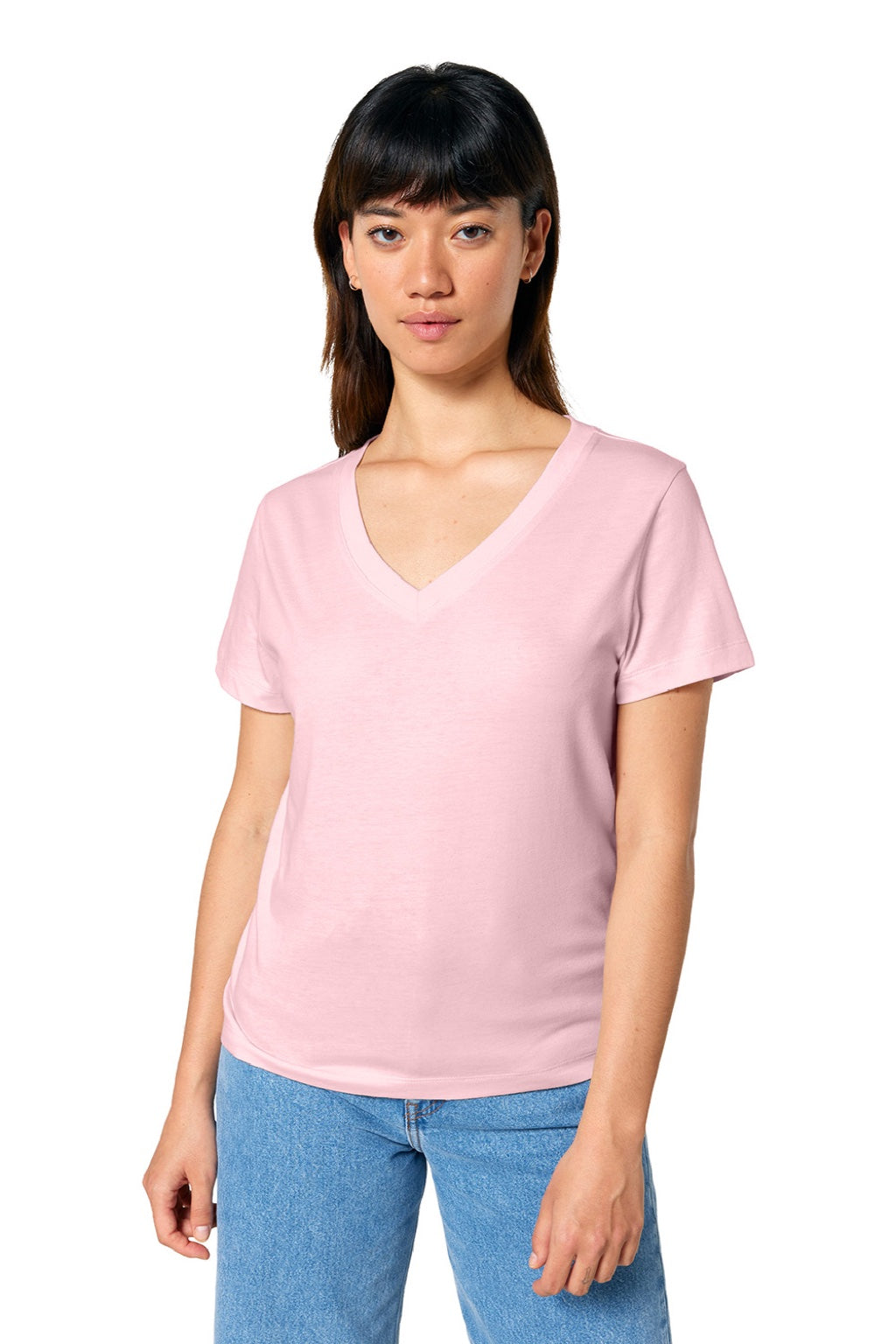 Stanley Stella SXW032 Womens Isla Short Sleeve V-Neck T-Shirt Cotton Pink Model Front