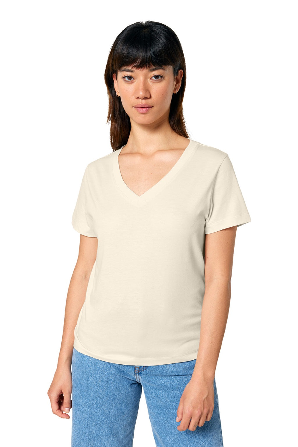 Stanley Stella SXW032 Womens Isla Short Sleeve V-Neck T-Shirt Natural Raw Model Front