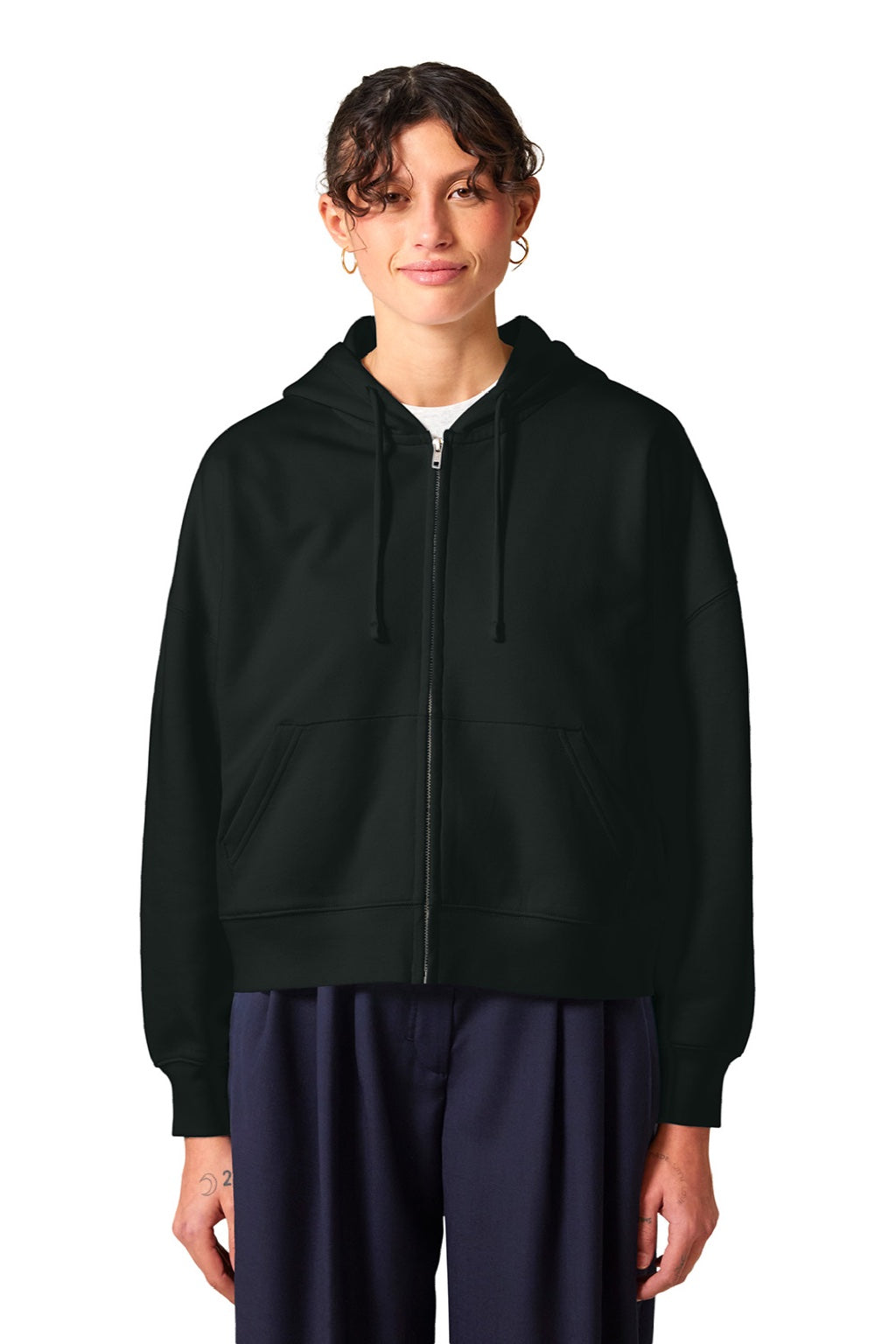 Stanley Stella SXW037 Womens Ida Full Zip Hooded Sweatshirt Hoodie w/ Pockets Black Model Front