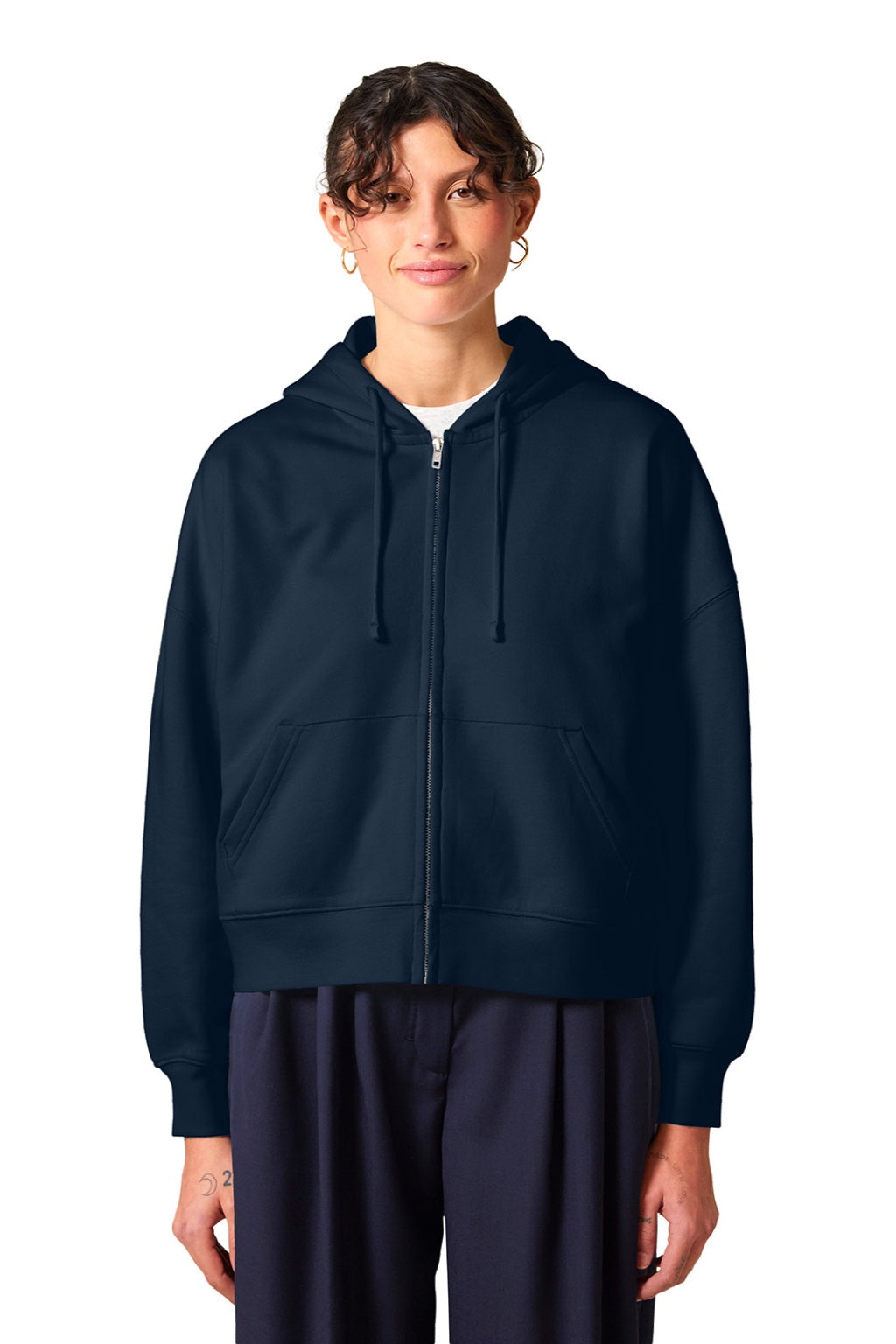 Stanley Stella SXW037 Womens Ida Full Zip Hooded Sweatshirt Hoodie w/ Pockets French Navy Blue Model Front