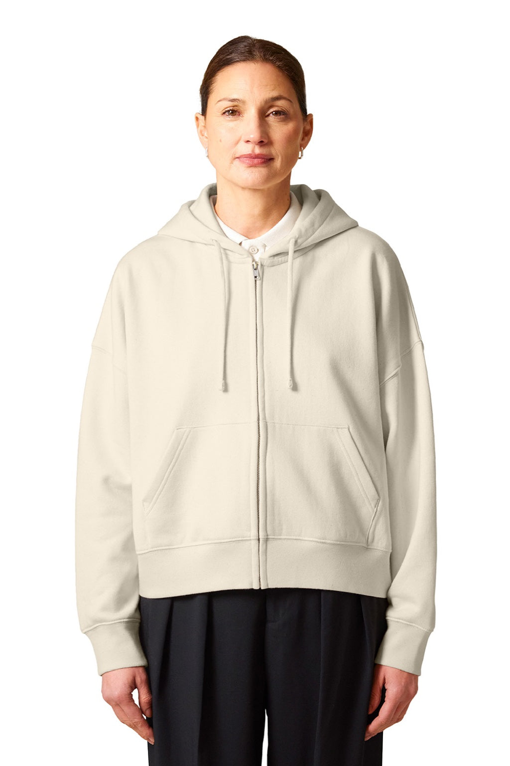 Stanley Stella SXW037 Womens Ida Full Zip Hooded Sweatshirt Hoodie w/ Pockets Natural Raw Model Front
