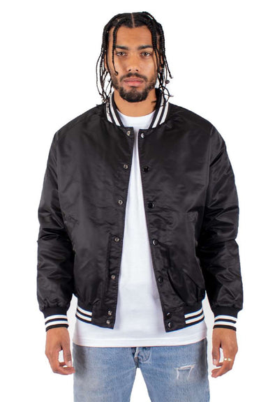 Shaka Wear SHVBJ Mens Varsity Snap Down Bomber Jacket Black Model Front