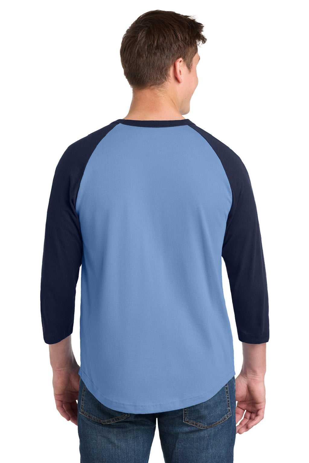 Sport-Tek T200 Mens 3/4 Sleeve Crewneck T-Shirt Carolina Blue/Navy Blue Model Back