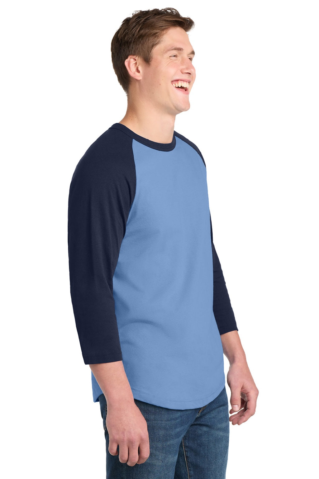 Sport-Tek T200 Mens 3/4 Sleeve Crewneck T-Shirt Carolina Blue/Navy Blue Model Side