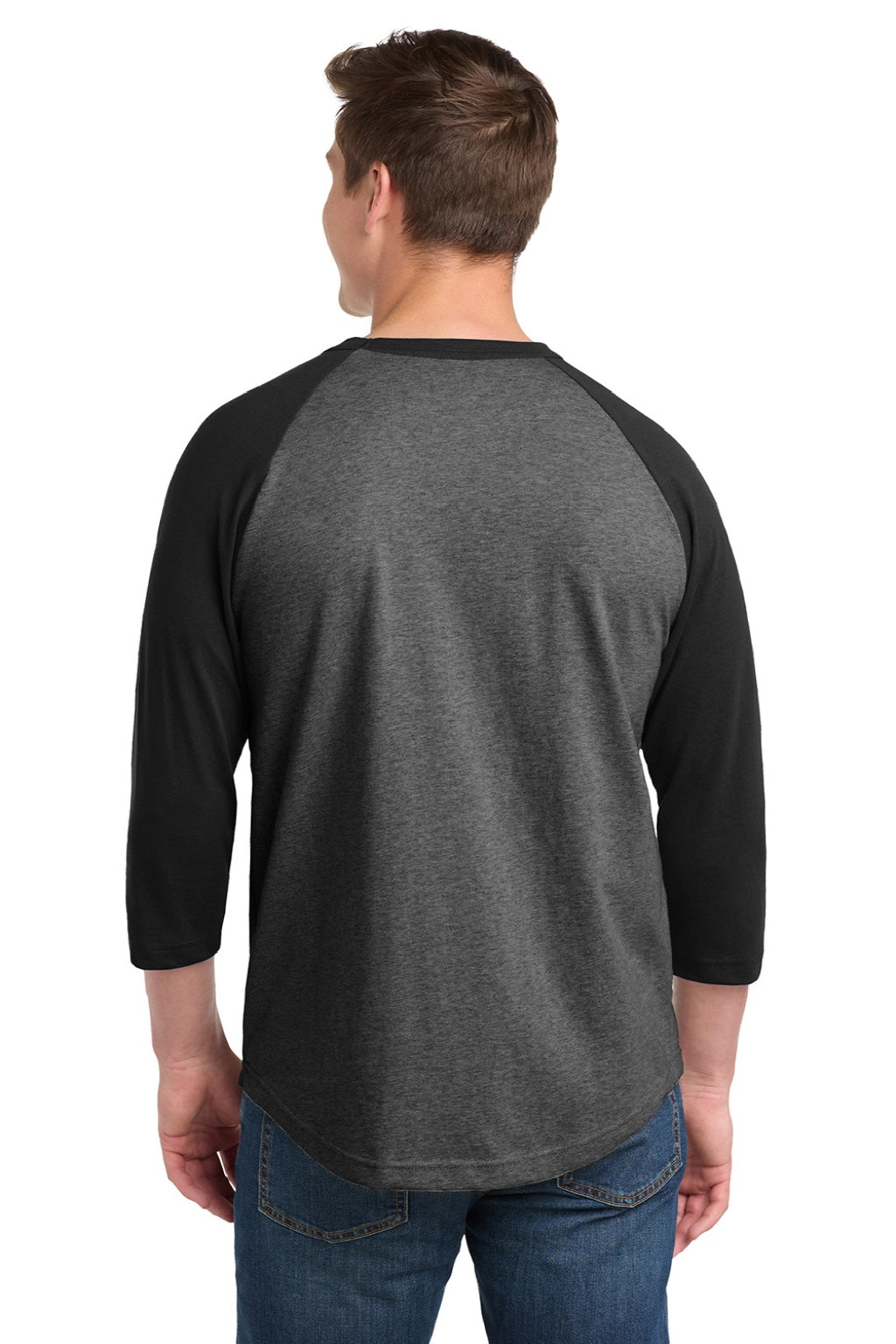 Sport-Tek T200 Mens 3/4 Sleeve Crewneck T-Shirt Heather Dark Grey/Black Model Back