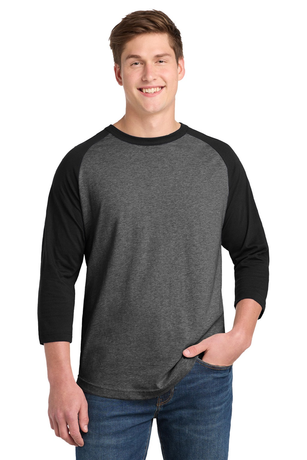 Sport-Tek T200 Mens 3/4 Sleeve Crewneck T-Shirt Heather Dark Grey/Black Model Front