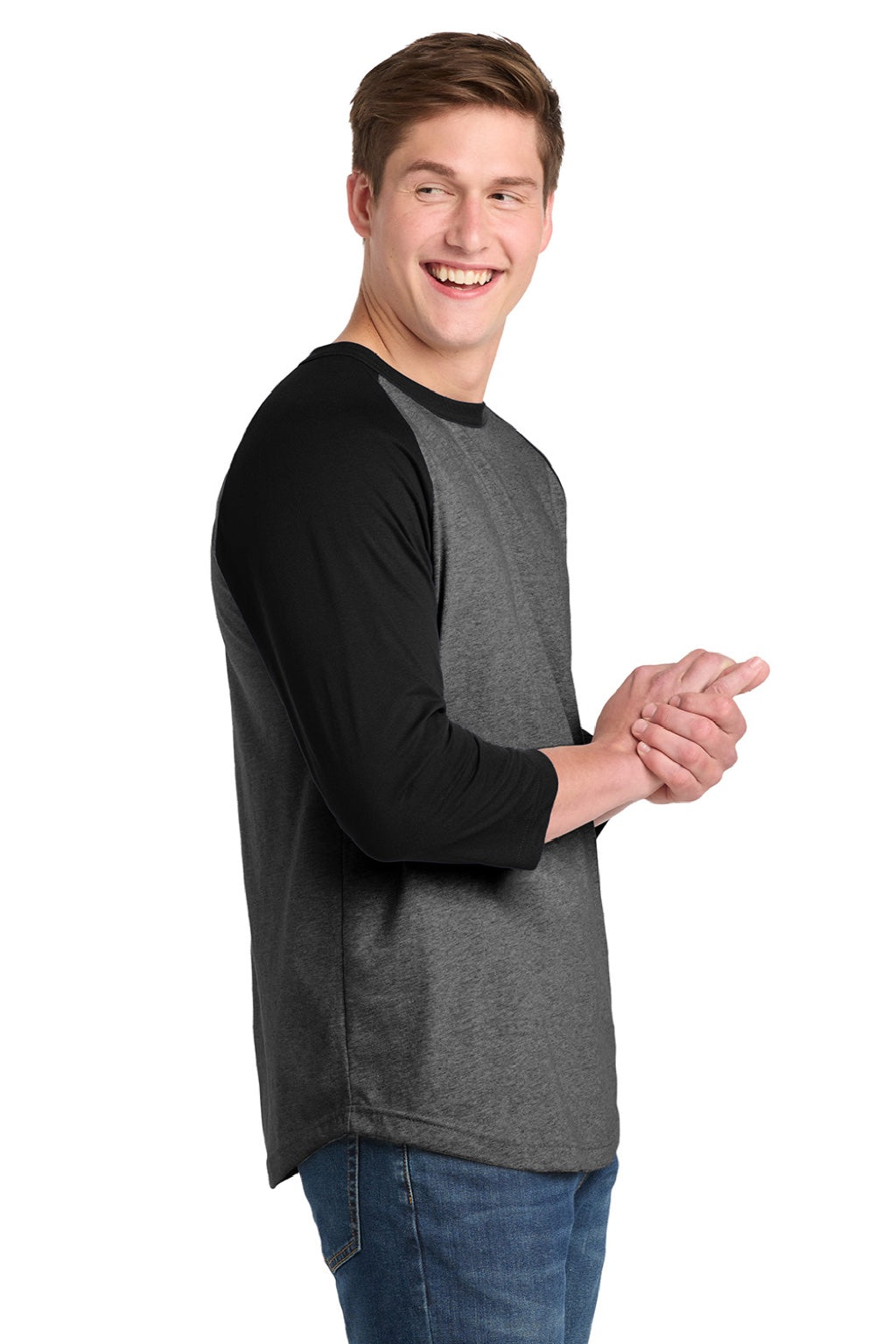 Sport-Tek T200 Mens 3/4 Sleeve Crewneck T-Shirt Heather Dark Grey/Black Model Side