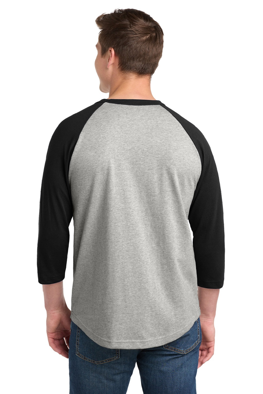 Sport-Tek T200 Mens 3/4 Sleeve Crewneck T-Shirt Heather Grey/Black Model Back