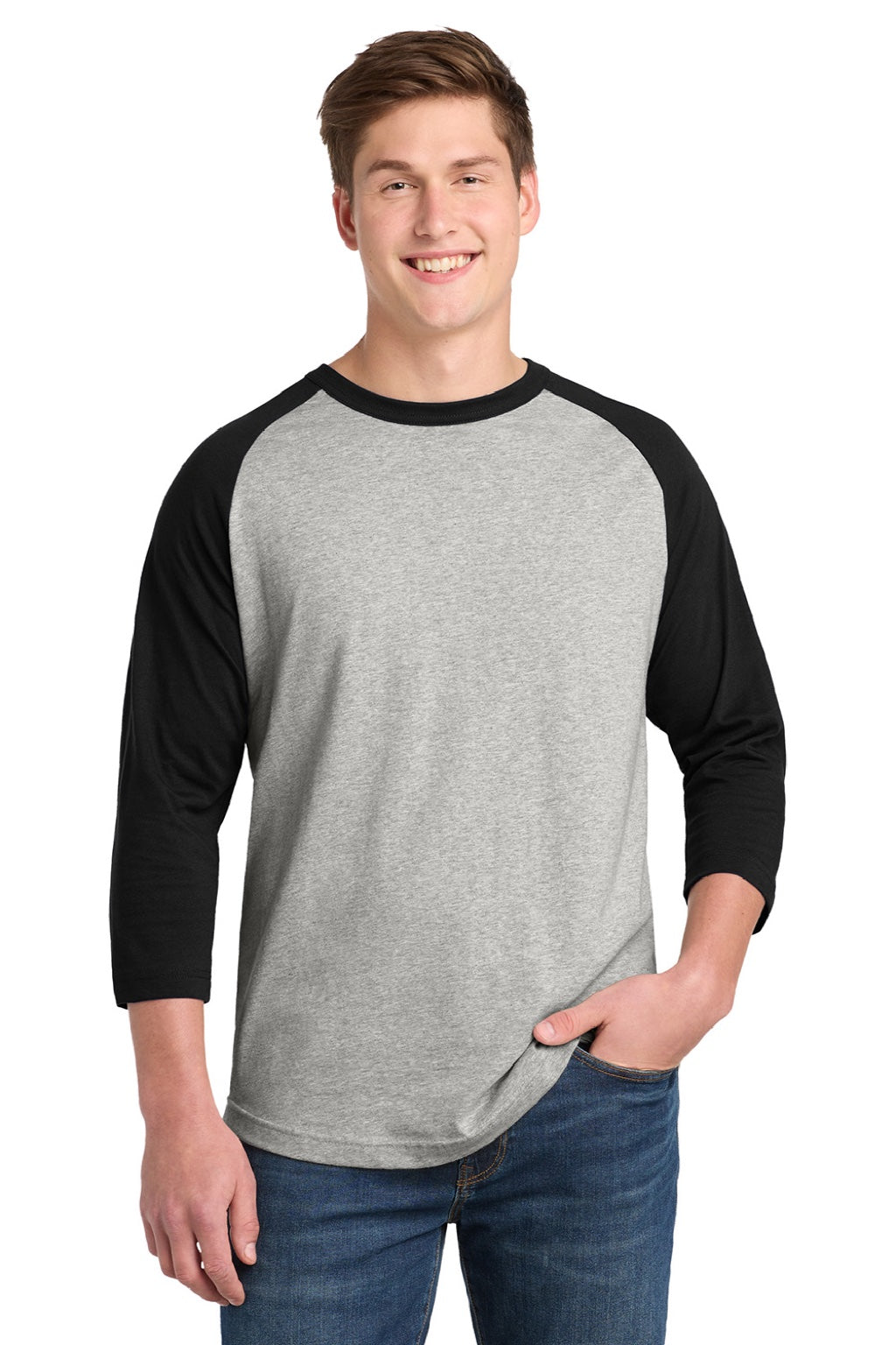 Sport-Tek T200 Mens 3/4 Sleeve Crewneck T-Shirt Heather Grey/Black Model Front