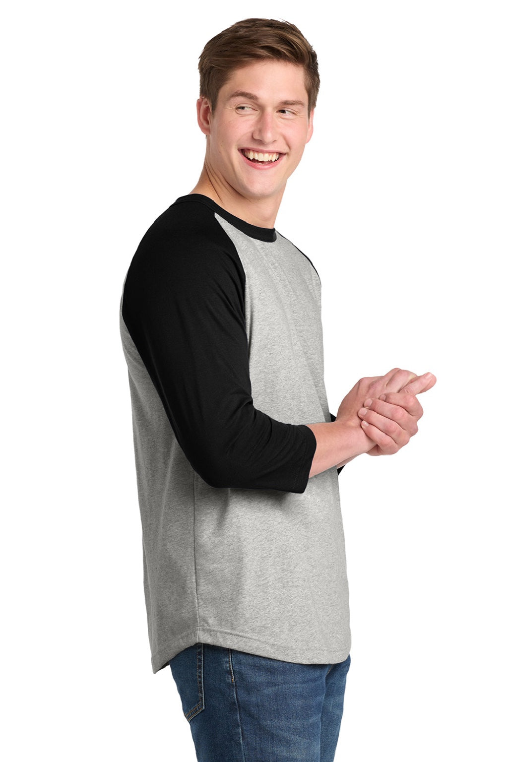 Sport-Tek T200 Mens 3/4 Sleeve Crewneck T-Shirt Heather Grey/Black Model Side