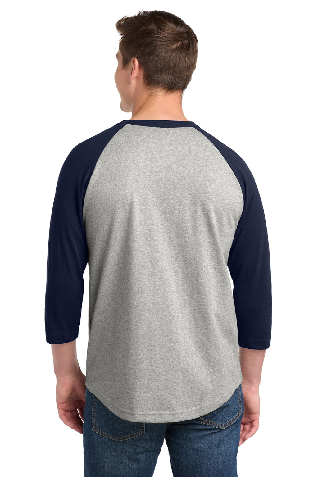 Sport-Tek T200 Mens 3/4 Sleeve Crewneck T-Shirt Heather Grey/Navy Blue Model Back