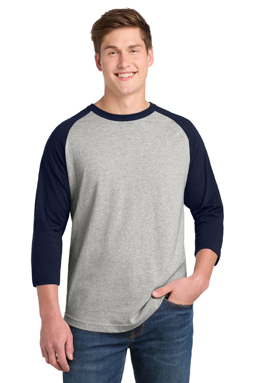 Sport-Tek T200 Mens 3/4 Sleeve Crewneck T-Shirt Heather Grey/Navy Blue Model Front